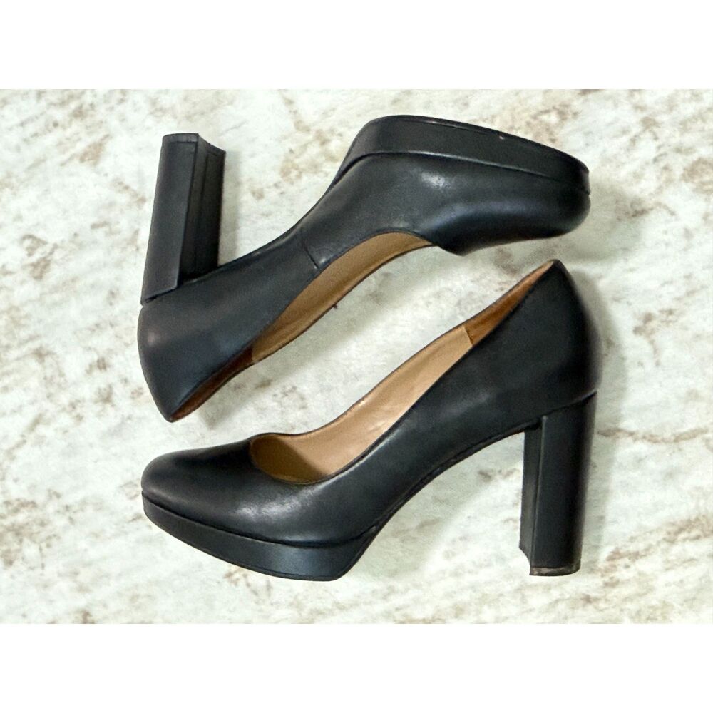 Naturalizer Black Leather Almond Toe Platform Block Heel Pumps Size 10